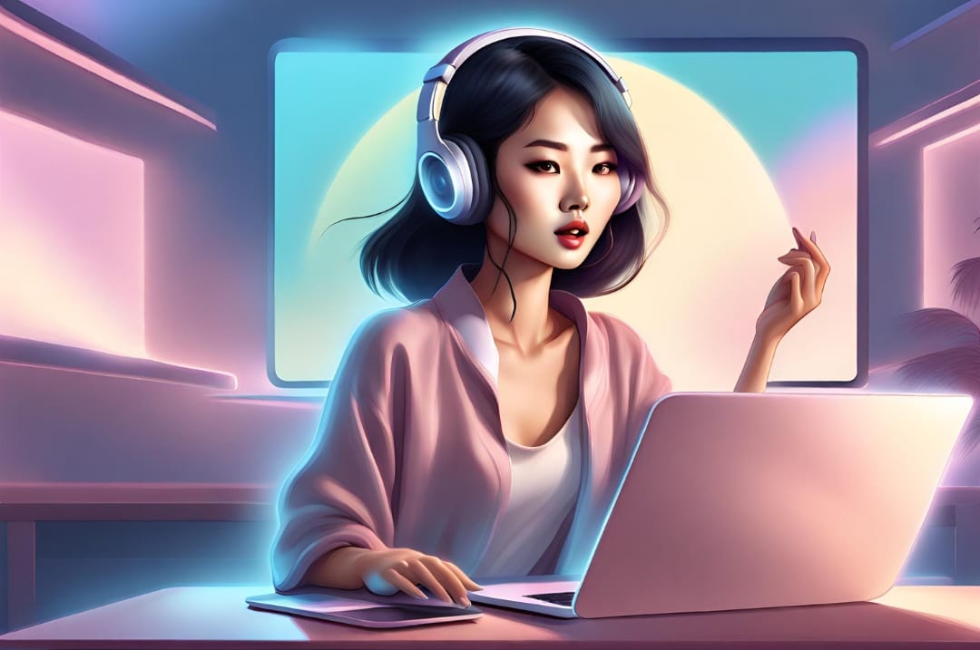 Online performer preparing her live stream in a cozy home studio