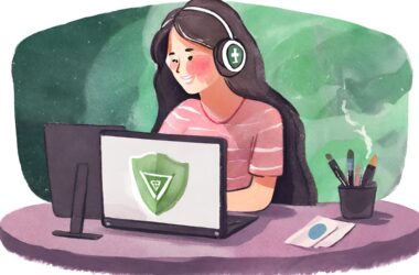 Streamer using a VPN and laptop to secure her online identity.