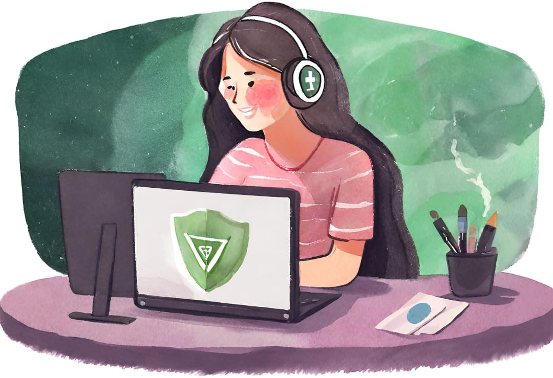 Streamer using a VPN and laptop to secure her online identity.